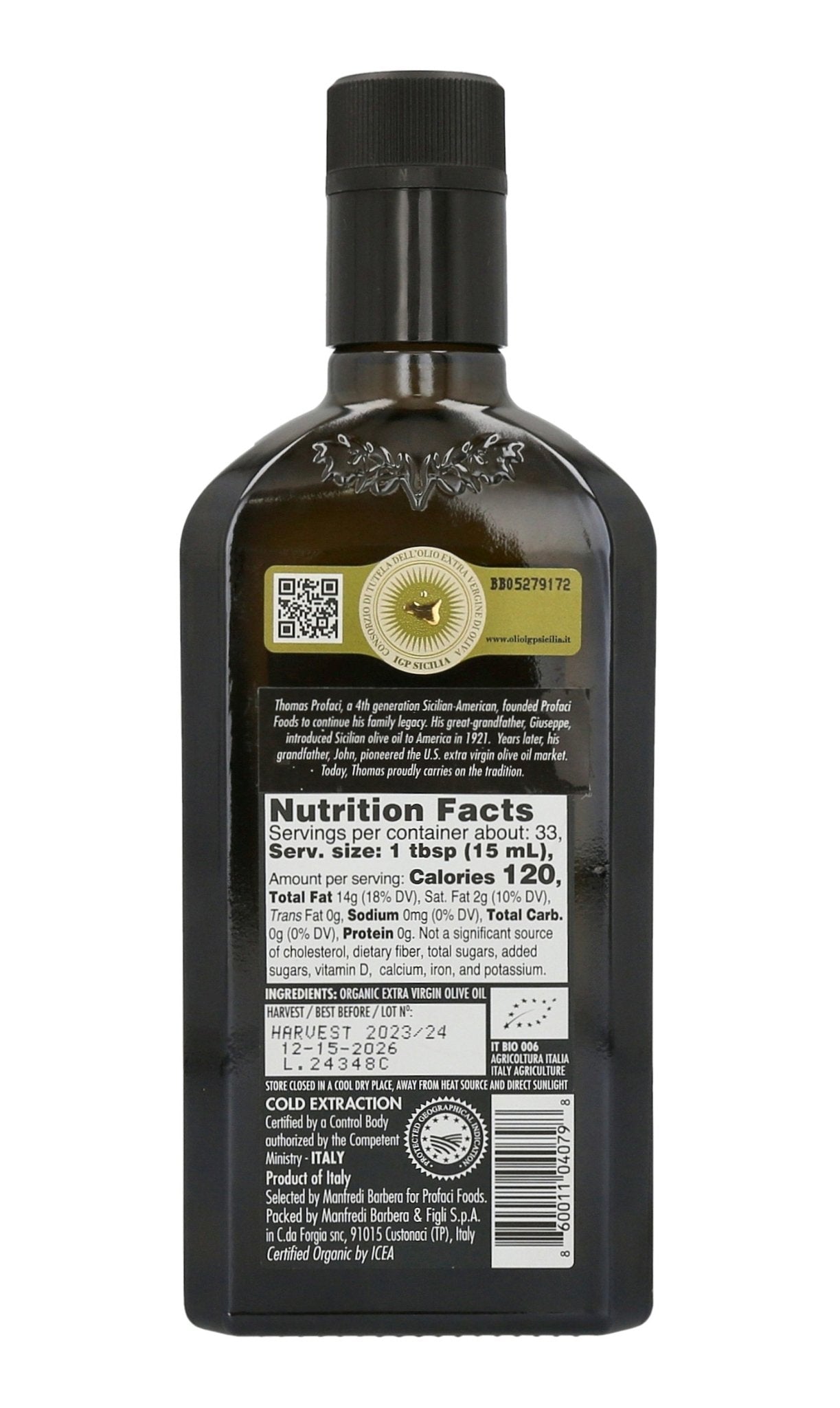 Profaci Sicilian Organic Extra Virgin Olive Oil – 100% Biancolilla Olives - Sicily Kitchen